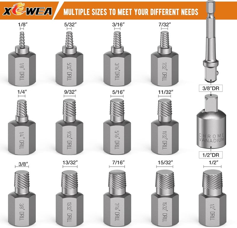 XEWEA Upgrade 15 Piece Screw Extractor Set, 3/8" Inch Impact Easy Out Stripped Screw Bolt Remover Kit Tool, Multi-Spline, for Removing Broken Screws, Bolts, Studs - Image 2